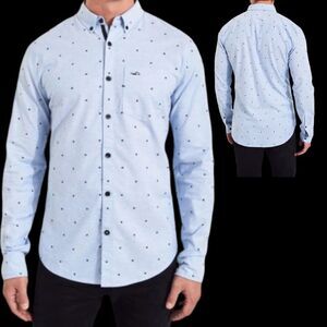 Hollister Epic Flex Men Long Sleeve Button Up Shirt Stretch Sky Blue Black Sz S